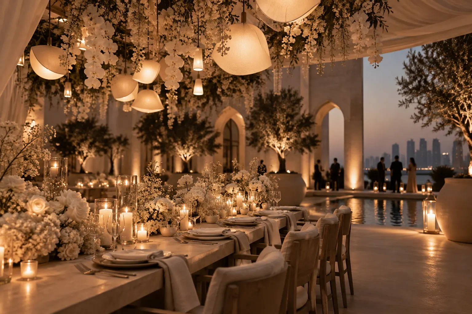 Illustrative wedding dinner with warm lighting and floral styling